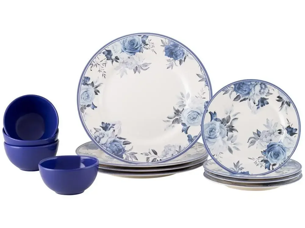 Aparelho de Jantar 12 Peças Alleanza Cerâmica Branco e Azul Redondo Antique - AliExpress 15