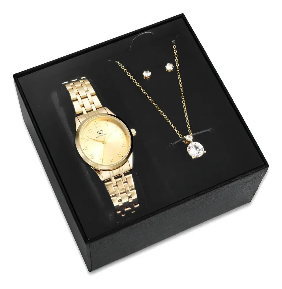 Kit Relógio Colar E Brincos Ponto De Luz Dourado Feminino Luxo Golden Saint Germain Presente Original Joias Elegante Clássico 28mm