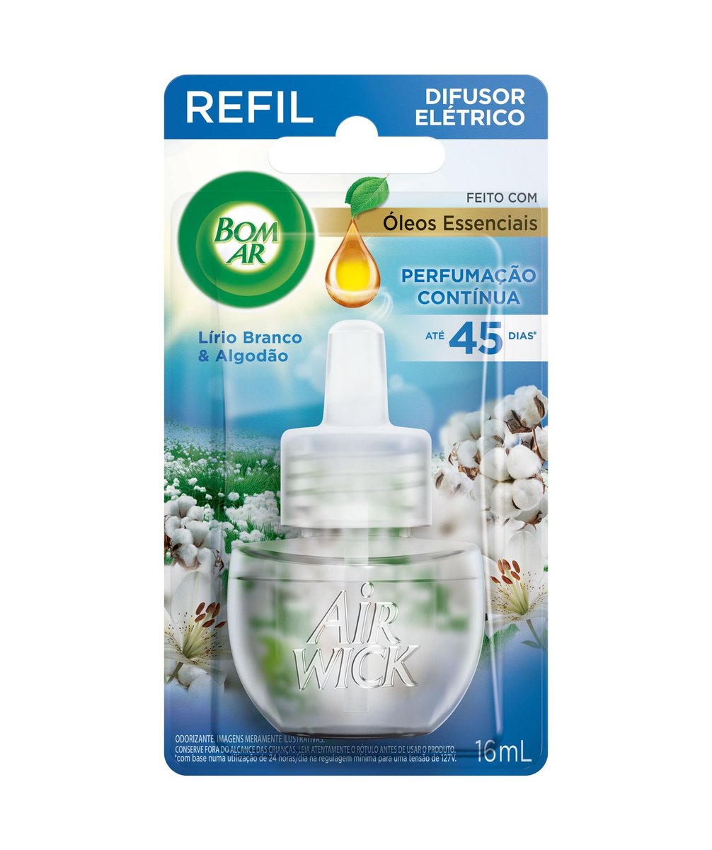 Difusor Elétrico Bom Ar Lirio Branco e Algodão Refil 16ml
