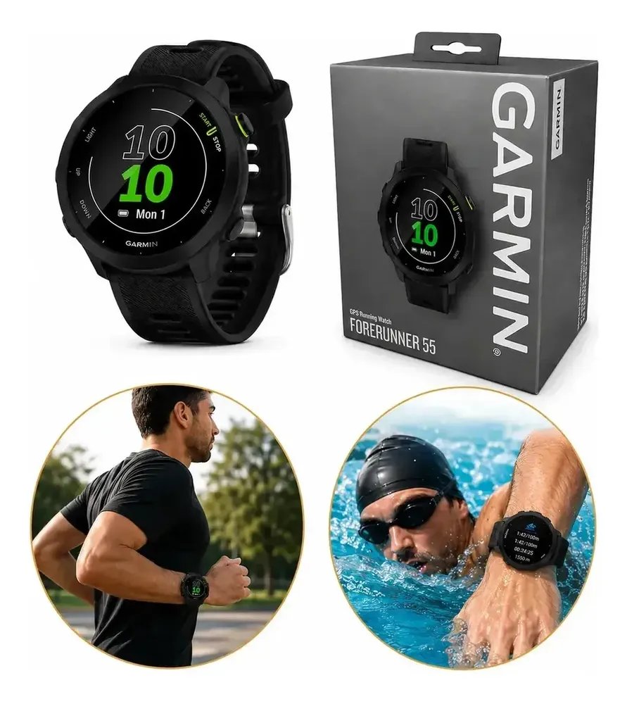 Relógio Garmin Forerunner 55 Monitor Cardíaco Gps 42mm Preto Corrida Caminhada Ciclismo Natação Monitoramento Sono Pace Calorias Distância Cronômetro Resistente Leve Esportivo Unissex Com Gps Rápido