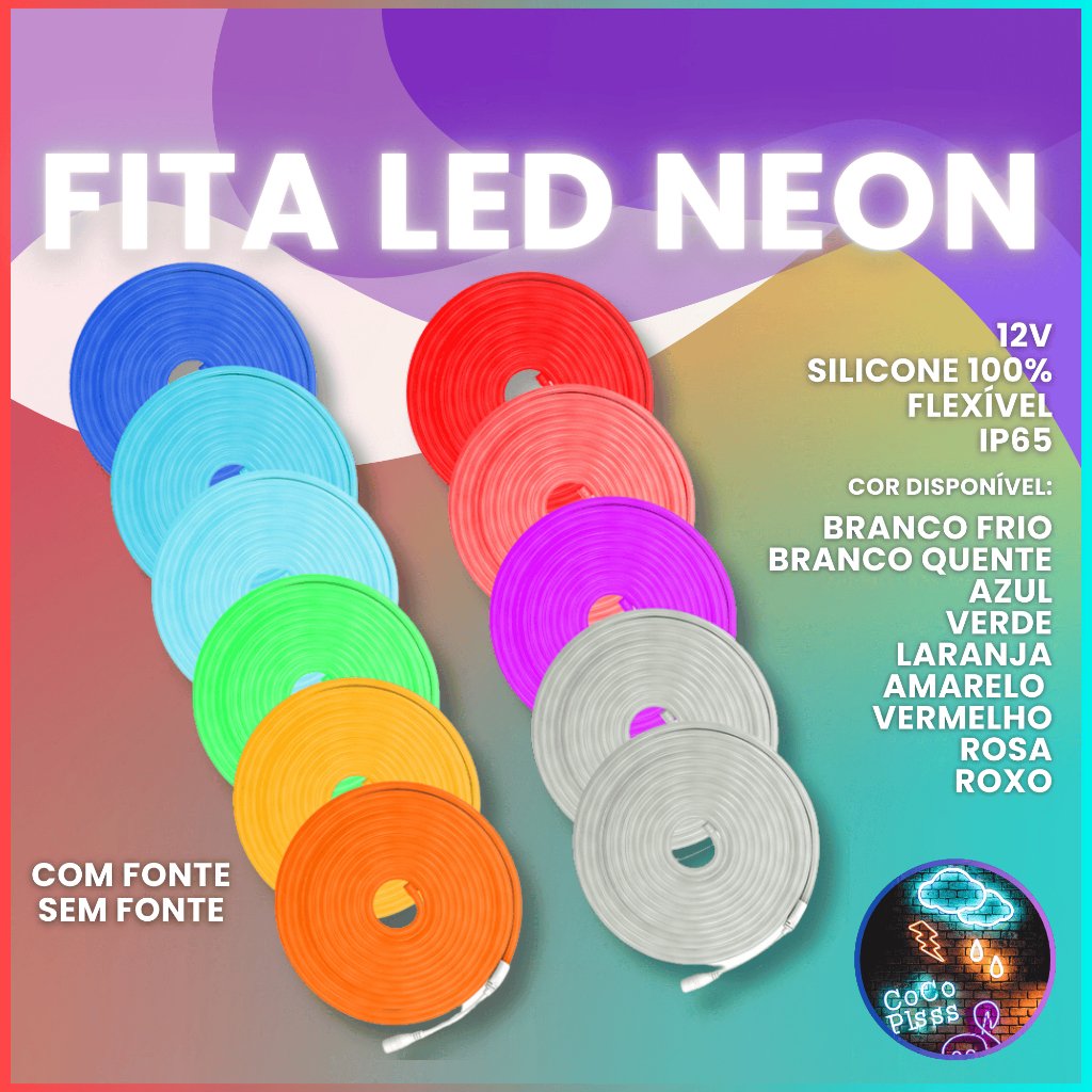 Fita de Led Mangueira Neon 5 Metros Alto Brilho Flexivel Siliconada IP65 Com ou Sem Fonte