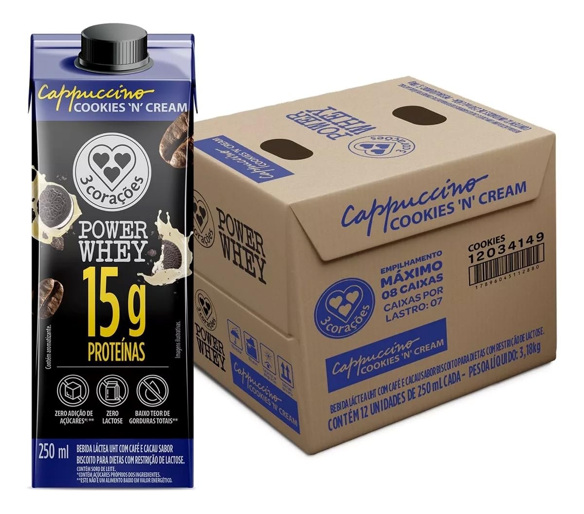 3 Corações Bebida Láctea Cappuccino Power Whey Cookies n'Cream 15g de Proteína com Cafeína 250ml - 12 unidades, Líquido