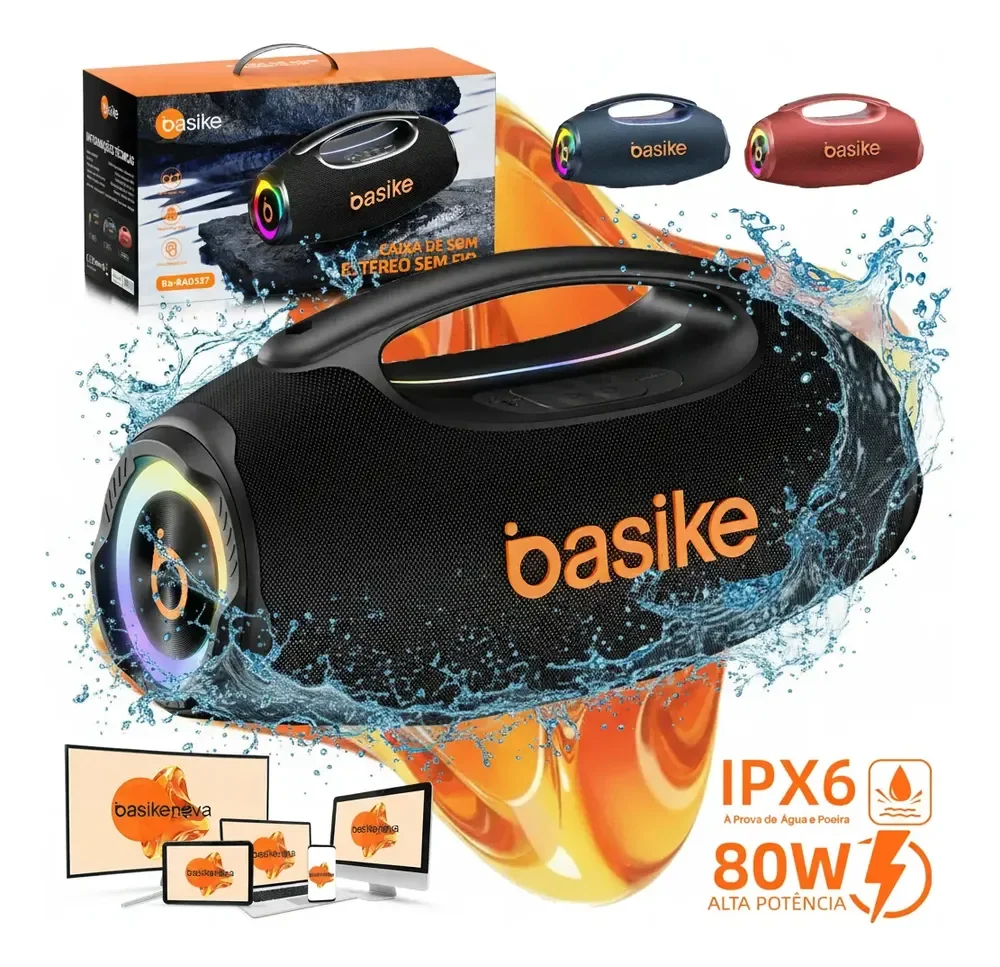 Basike Caixa de Som Portátil Com Bluetooth Boombox 80W 8000Mah 10hrs Sem fio IPX6 À Prova D'água Com Bateria Recarregavel Luz RGB Hifi TWS Bass Forte Áudio de Alta Qualid Para TV Festa Casa Subwoofer