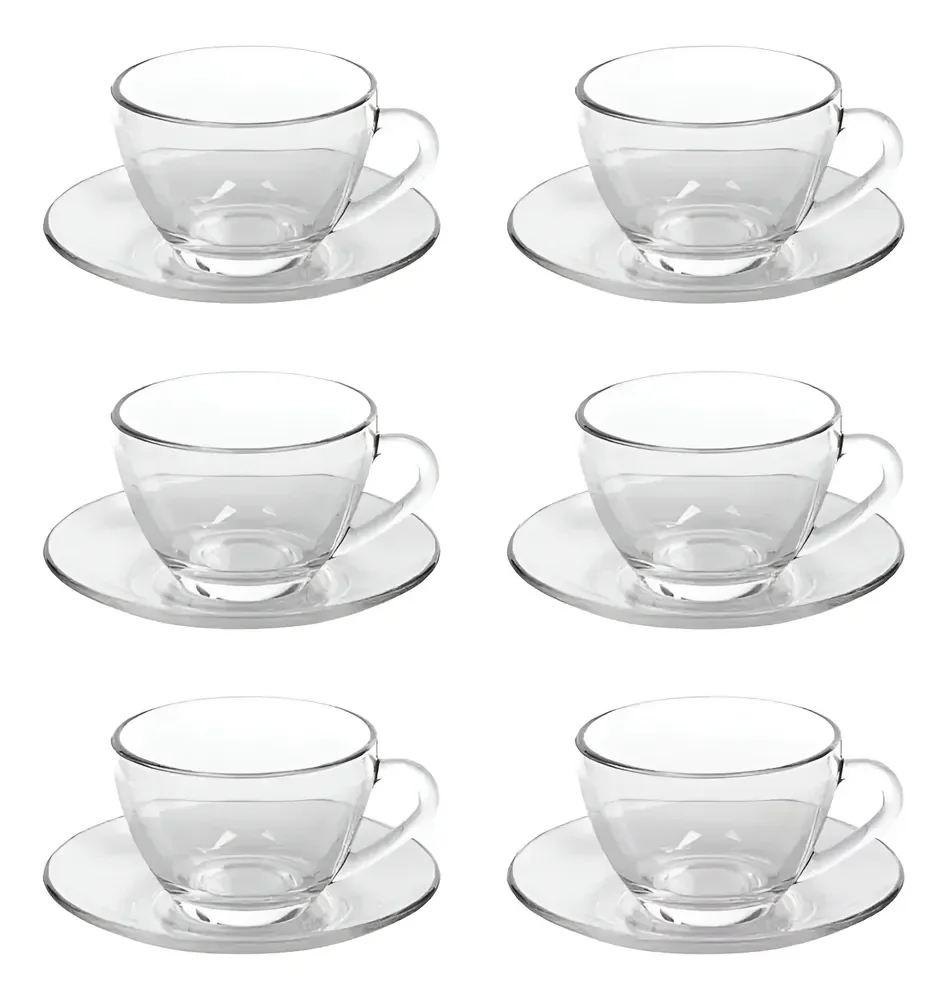 Jogo Xícaras Café Com Pires Chá 12 Peças Vidro Incolor 230ml Transparente