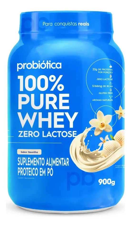 Whey Protein 900g 100% Pure Whey Zero Lactose Probiótica Whey Concentrado Baunilha Sem Lactose