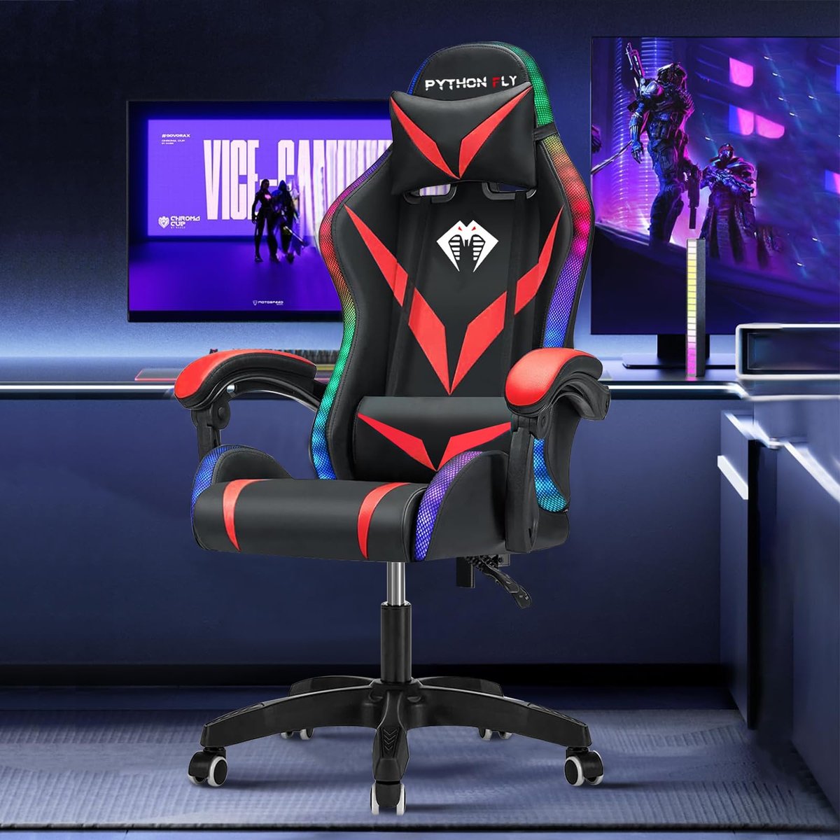 Cadeira Gamer RGB Python Fly com Iluminação Decorativa, Encosto Reclinável, Design Ergonômico para Escritório e Jogos (Vermelho)