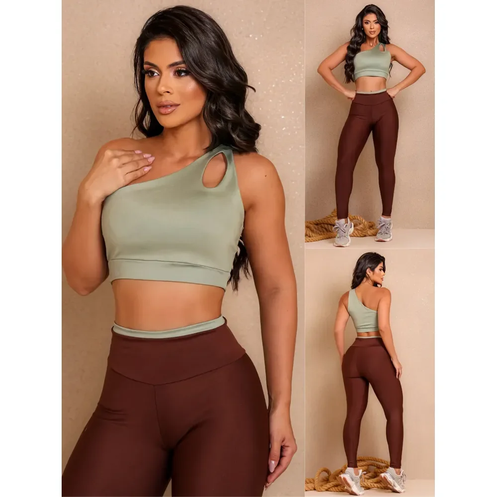 Conjunto Fitness Top Nula Manga E Calça Academia Bicolor  Marrom G (42)