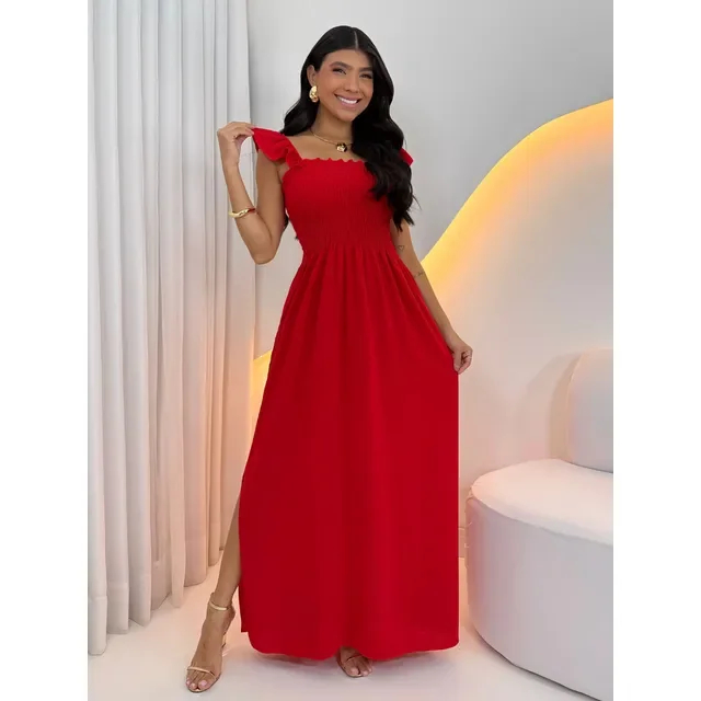 Vestido Longo Feminino Casual Lastex Alcinha Fenda Barato