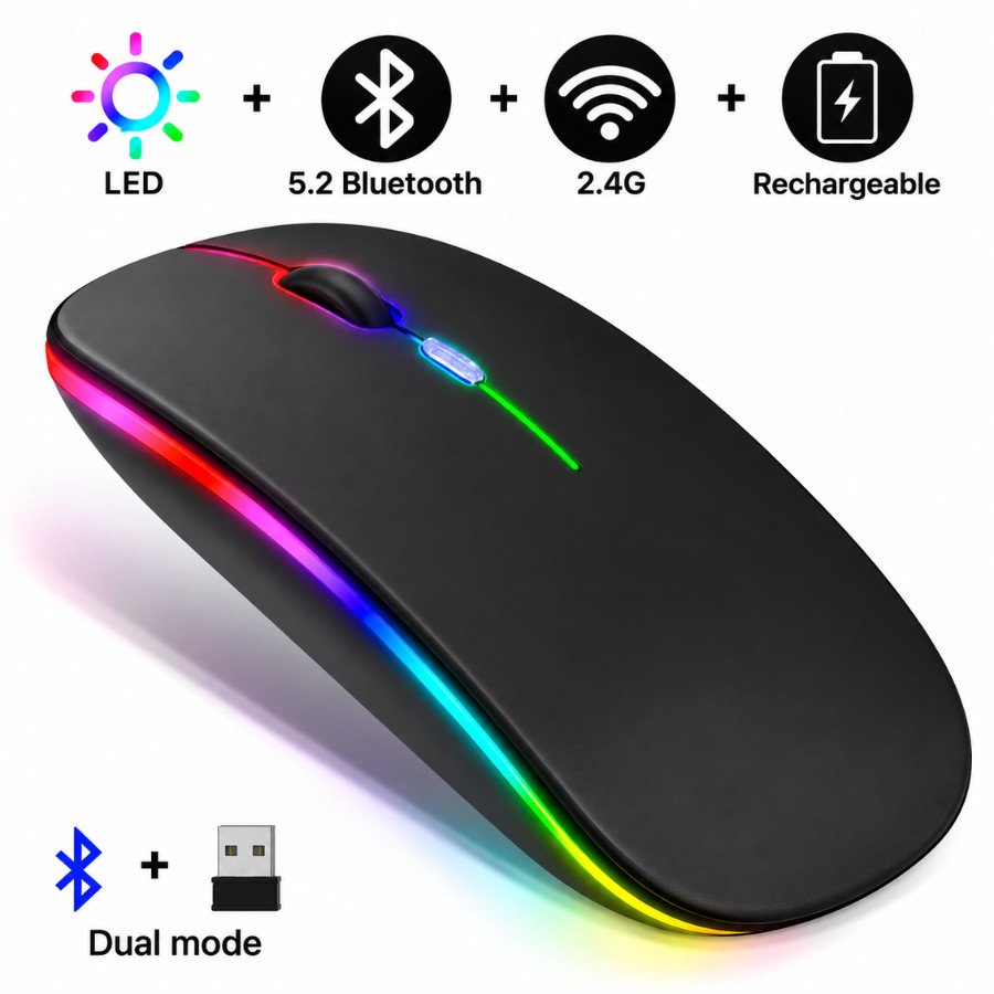 Mouse sem fio dual band receptor nano 2,4ghz / Bluetooth RGB recarregável MS-S350L