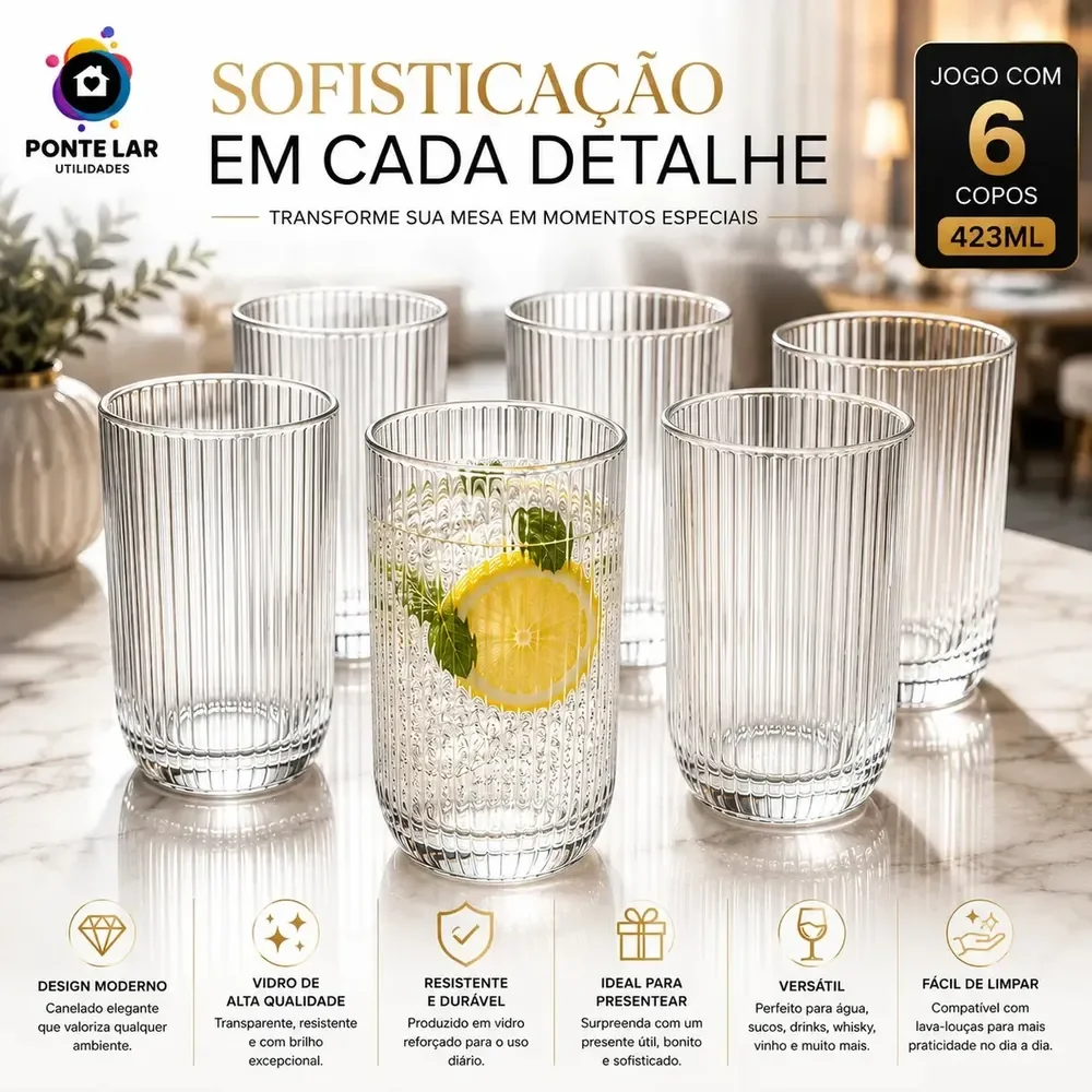 Jogo 6 Copos Vidro Canelado 423ml Moderno Elegante Premium Vinho Água Suco Drinks Gin Whisky Jogo Copos Taça Copo Conjunto Design Luxo Texturizado Cozinha Restaurante Decoração - Ponte Lar Utilidades