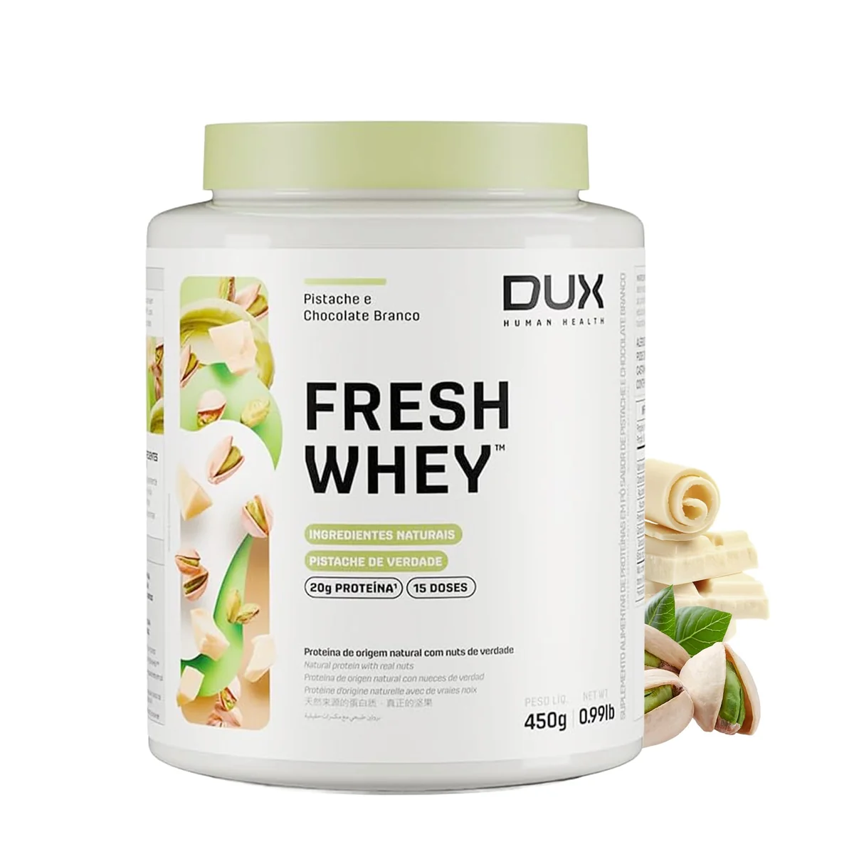 DUX HUMAN HEALTH FreshWhey 450g Pistache e Chocolate Branco – 20g de Proteína com Frutas e Nuts Naturais