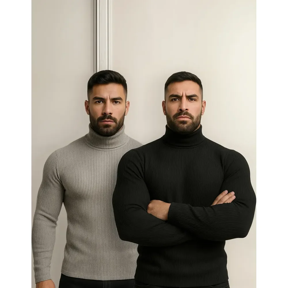 Kit 2 Blusa Cacharrel Masculino Gola Alta Canelado Camisas Preto + Cinza G