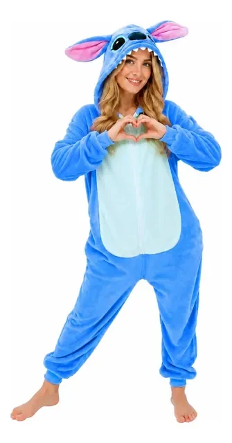 Pijama Macacão Kigurumi Stitch Feminino Adulto Plush Zíper