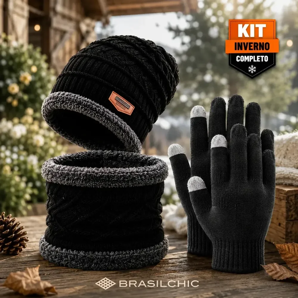 Kit Inverno Touca Gorro Forrado Gola Cachecol Térmica + Luva Touch Celular Unissex Frio Intenso Moto Viagem Caminhada Proteção Contra Vento Peluciado Quente Brasil Chic