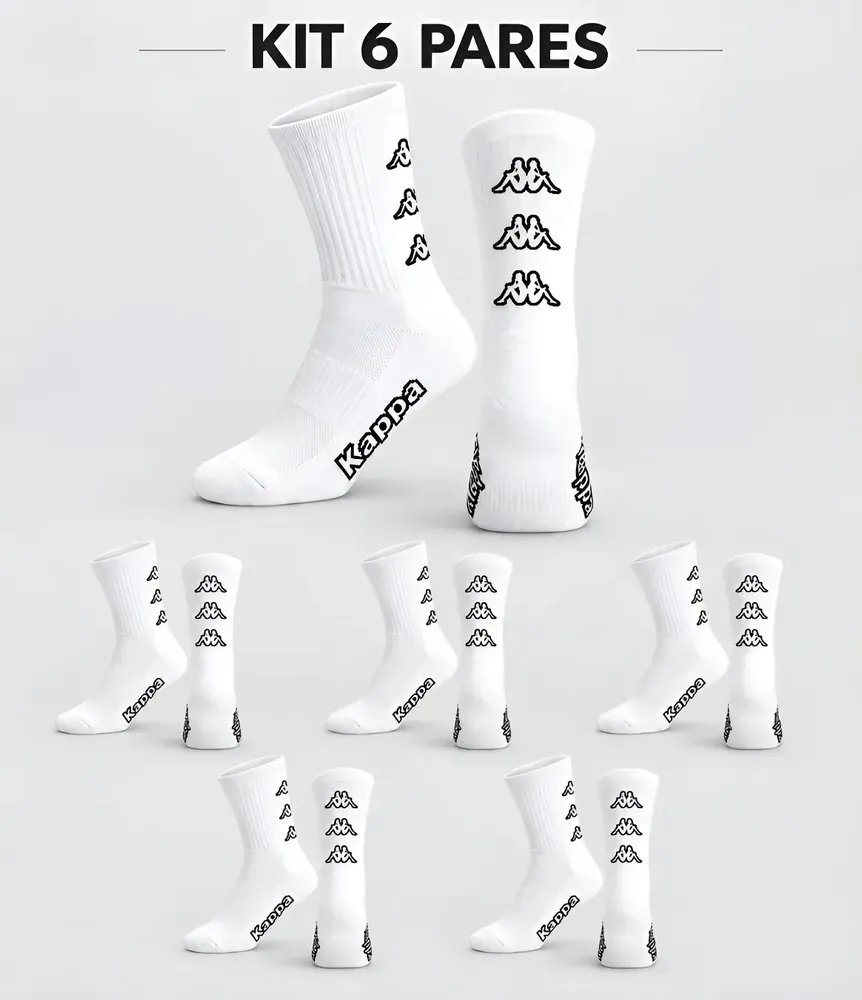 Kit 6 Pares Meias Kappa Algodão Cano Médio Conforto Original Branco 38-43