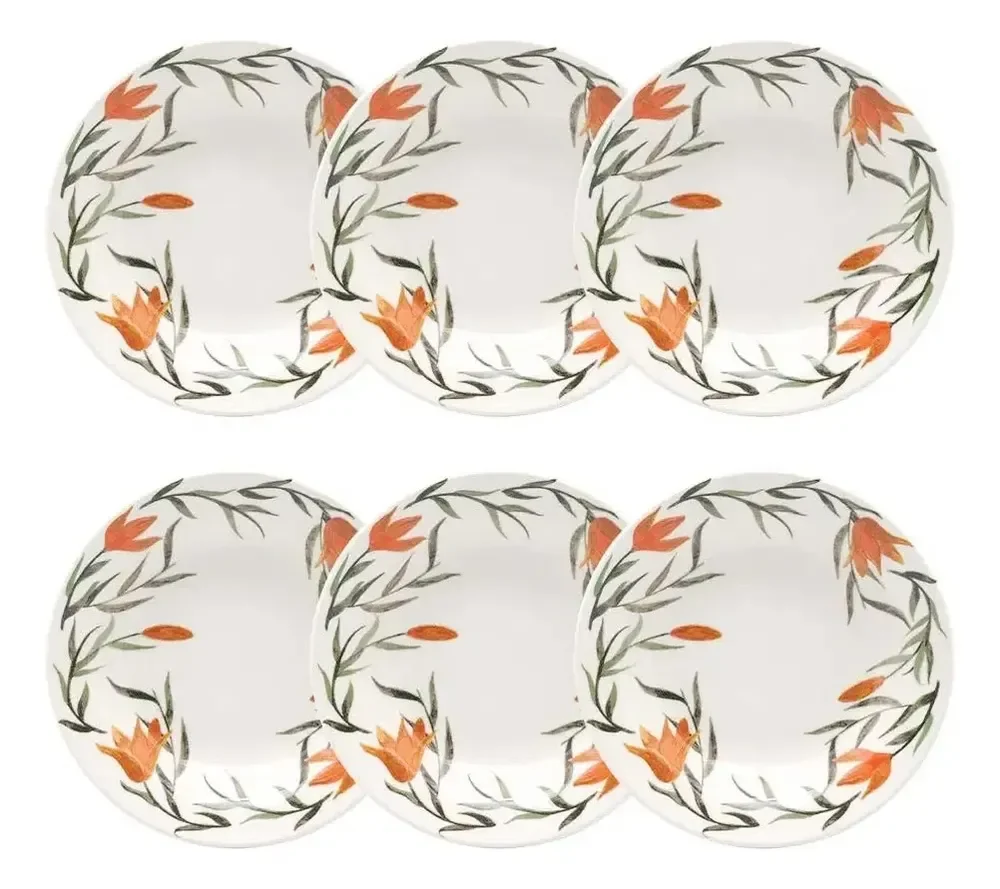 Conjunto De 6 Pratos Fundos Biona Donna Lírios Florido Verde, Laranja E Branco De 21,5  Verde, Laranja E Off White