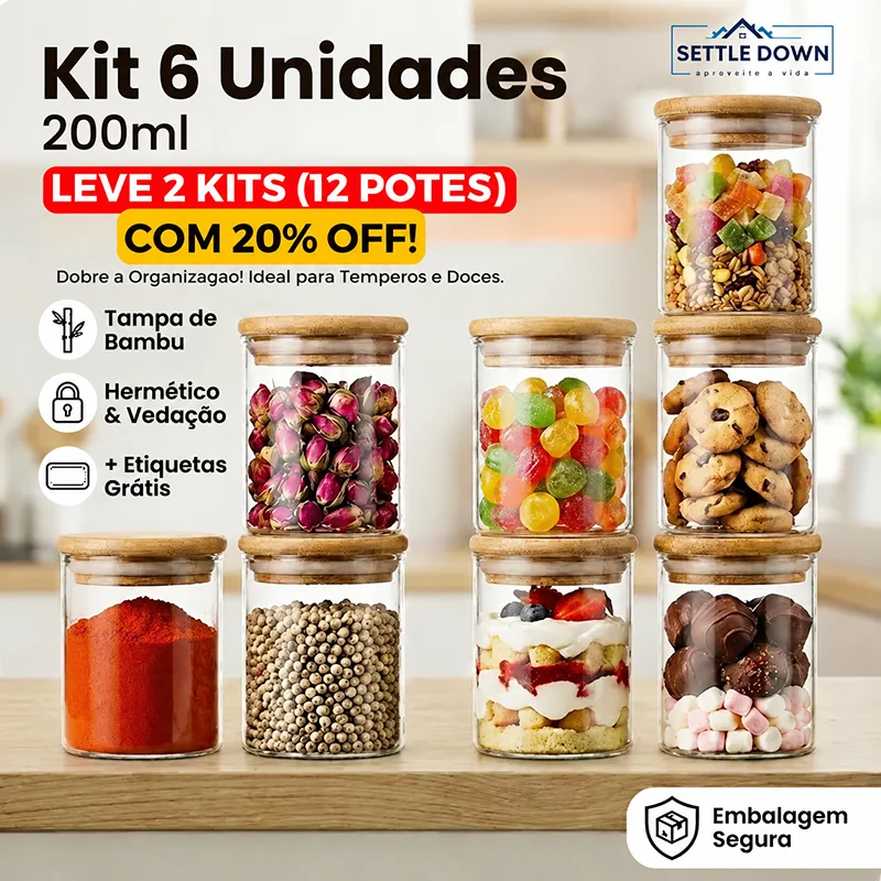 Kit 6 Potes Herméticos de Vidro com Tampa de Bambu 200ml Organizador Cozinha Mantimentos