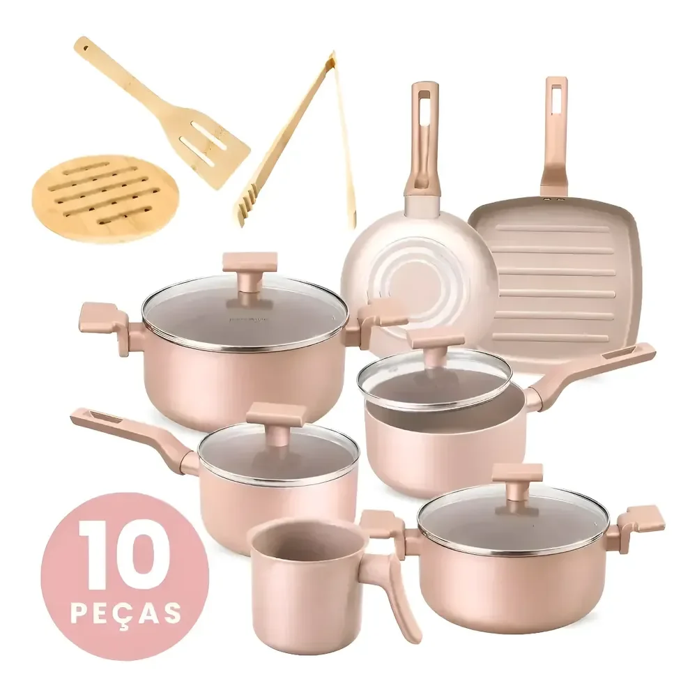 Jogo De Panelas Mimo Style 10 Peças Cerâmica Antiaderente Champanhe