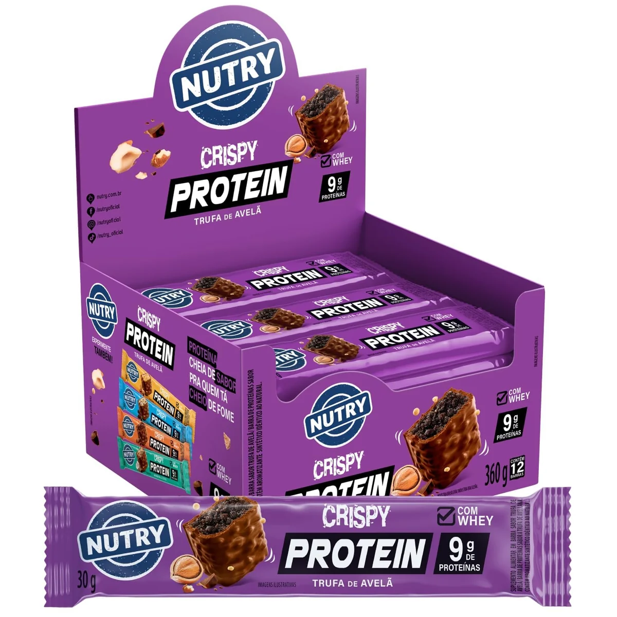 Nutry Barra de Proteínas Crispy Trufa de Avelã 30g - Display | Com 12 unidades, 9g de Proteína, Whey, Cobertura sabor Chocolate, Cacau e Pasta de Avelã