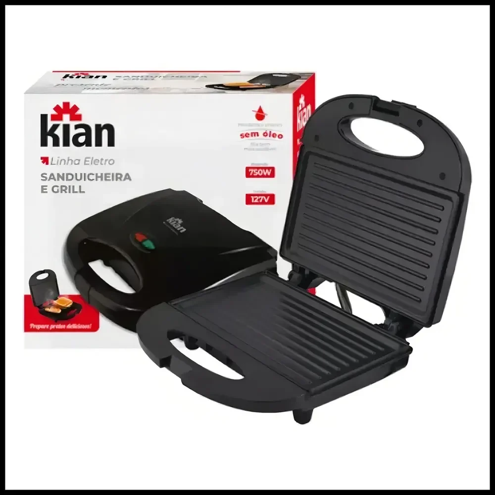 Sanduicheira Grill 2 Em 1 Kian Preta Elétrica 750w Cor Preto,seu Mixto Quente Ultra Rápido, E Outros Petiscos 127v