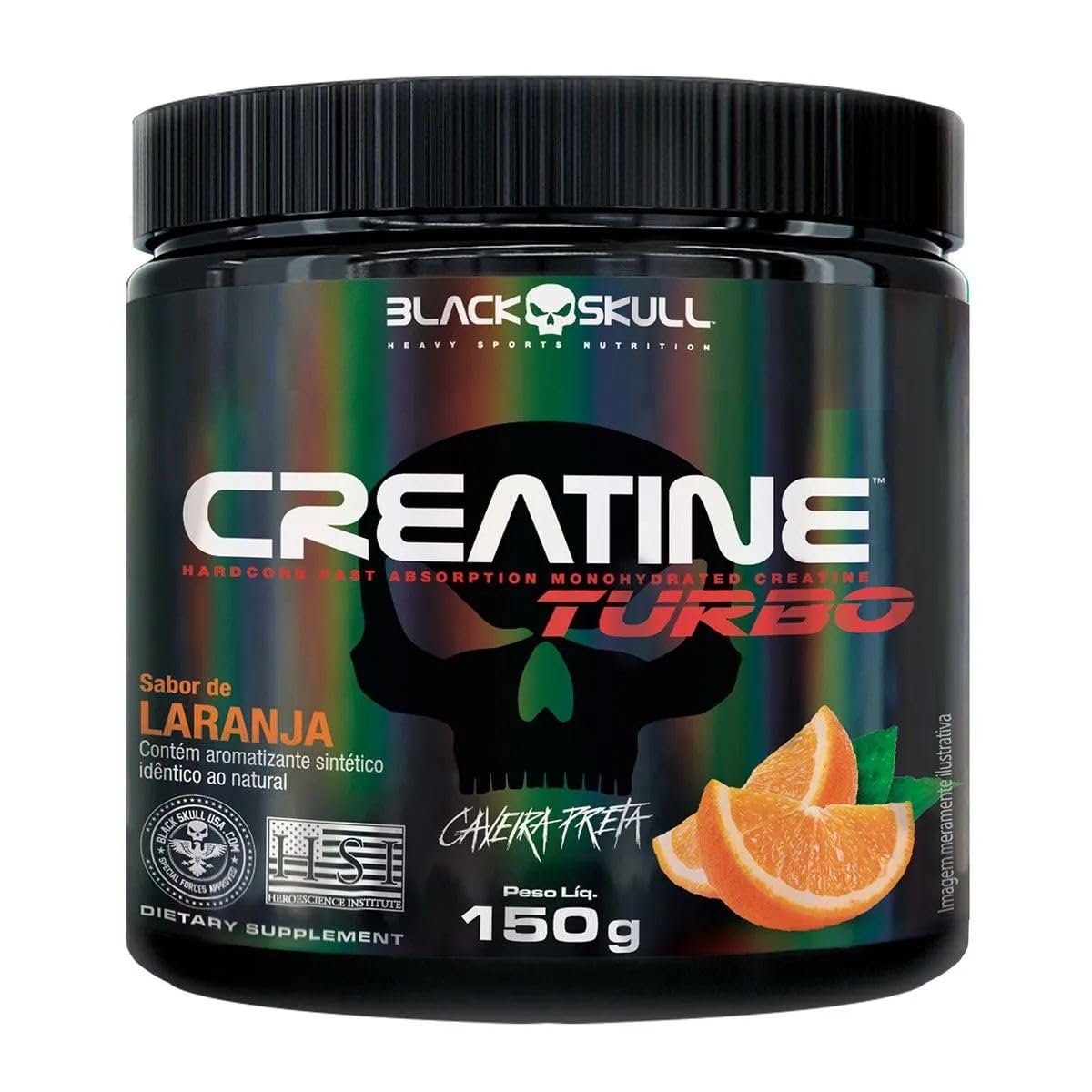 Creatine Turbo BlackSkull - Creatina Monohidratada em pó, com carboidrato para melhor absorção e performance (150g Pote, Laranja)