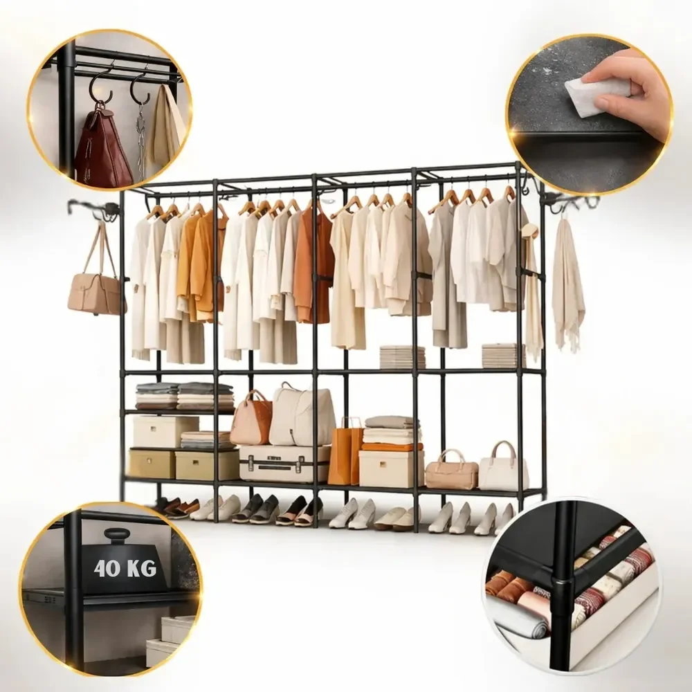 Arara Organizadora 4 Colunas Em Aço Resistente Guarda Roupa Preto
