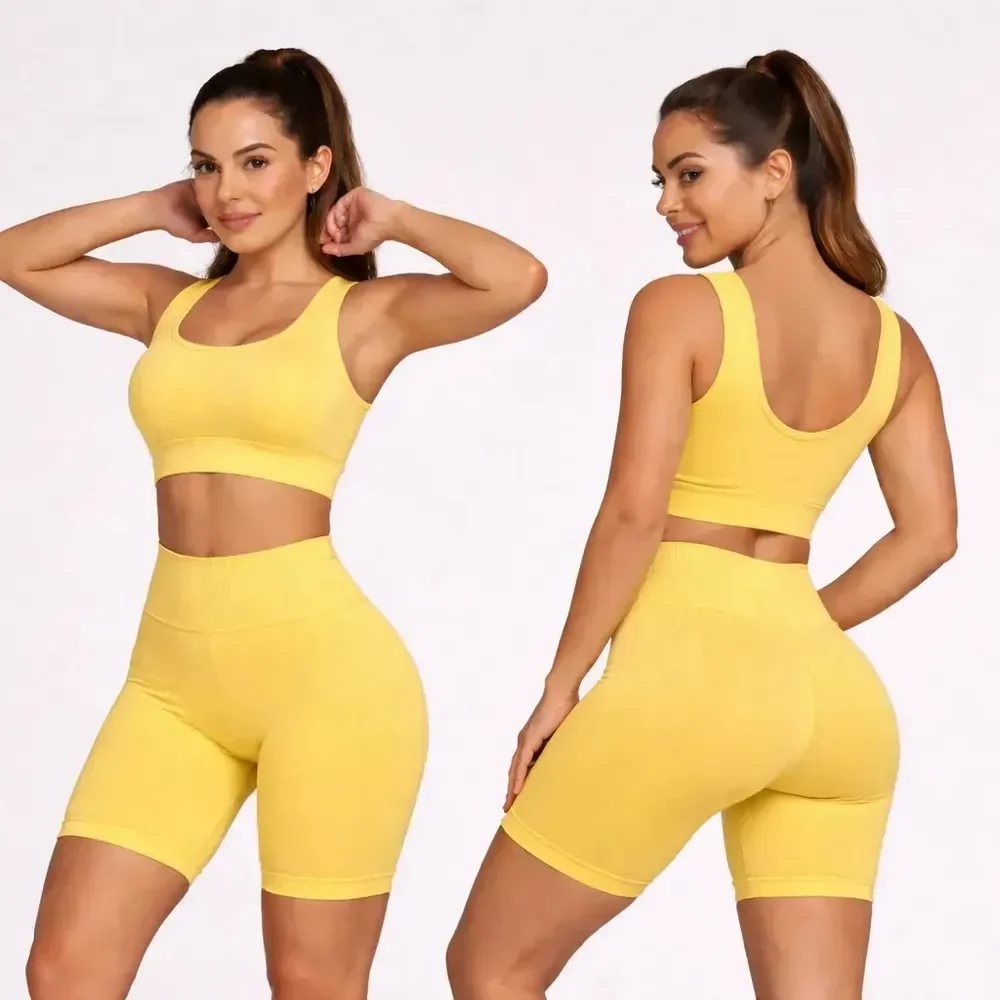 Conjunto Top + Short Selene Canelado Zero Transparência  Amarelo Gg