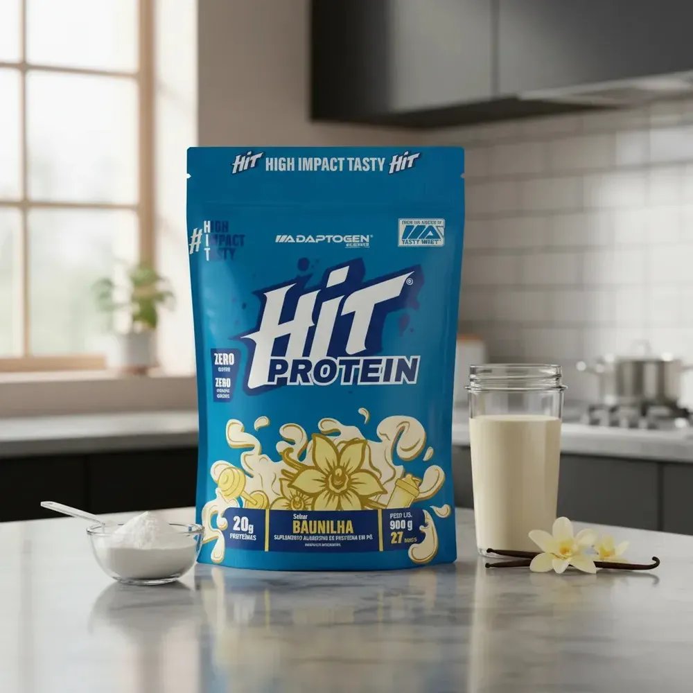 Suplemento Hit Protein Adaptogen Science sachê 900g Whey Protein Zero Gluten Zero açucar Sabor Baunilha