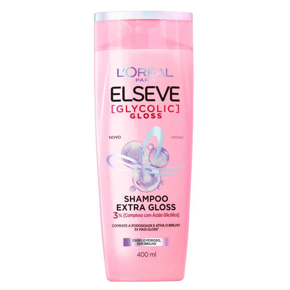 L'Oréal Paris Elseve Glycolic Gloss Shampoo Extra Gloss, Fórmula com pH Ácido e Ácido Glicólico, Limpeza Profunda e Combate a Porosidade dos Fios, 400ml