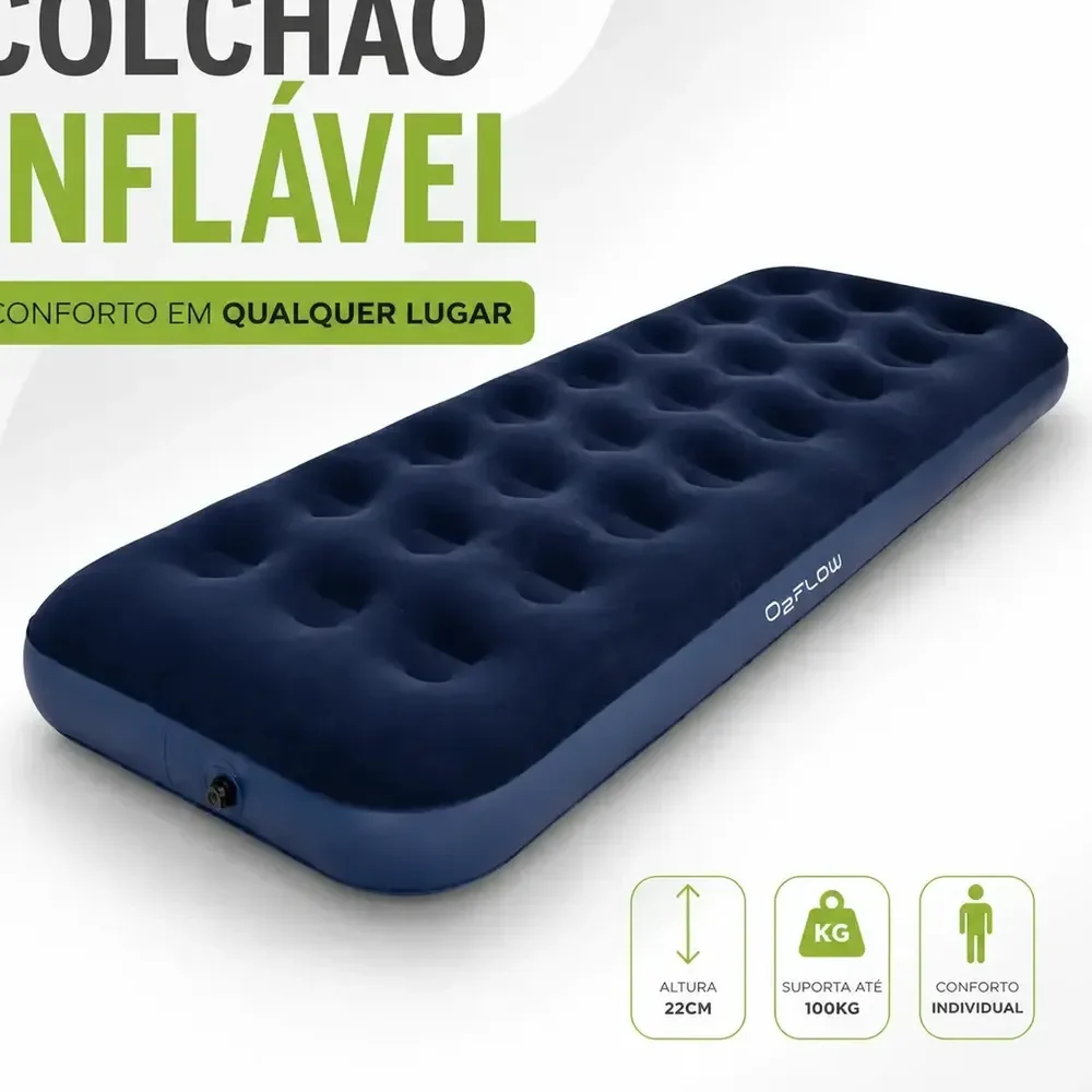 Colchão Inflável Solteiro Multiuso Aveludado O2flow Azul