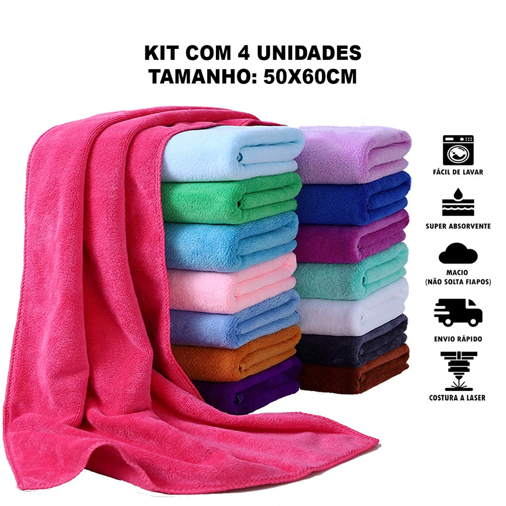 Kit 4 Panos de Microfibra 50x60cm para Limpeza Geral