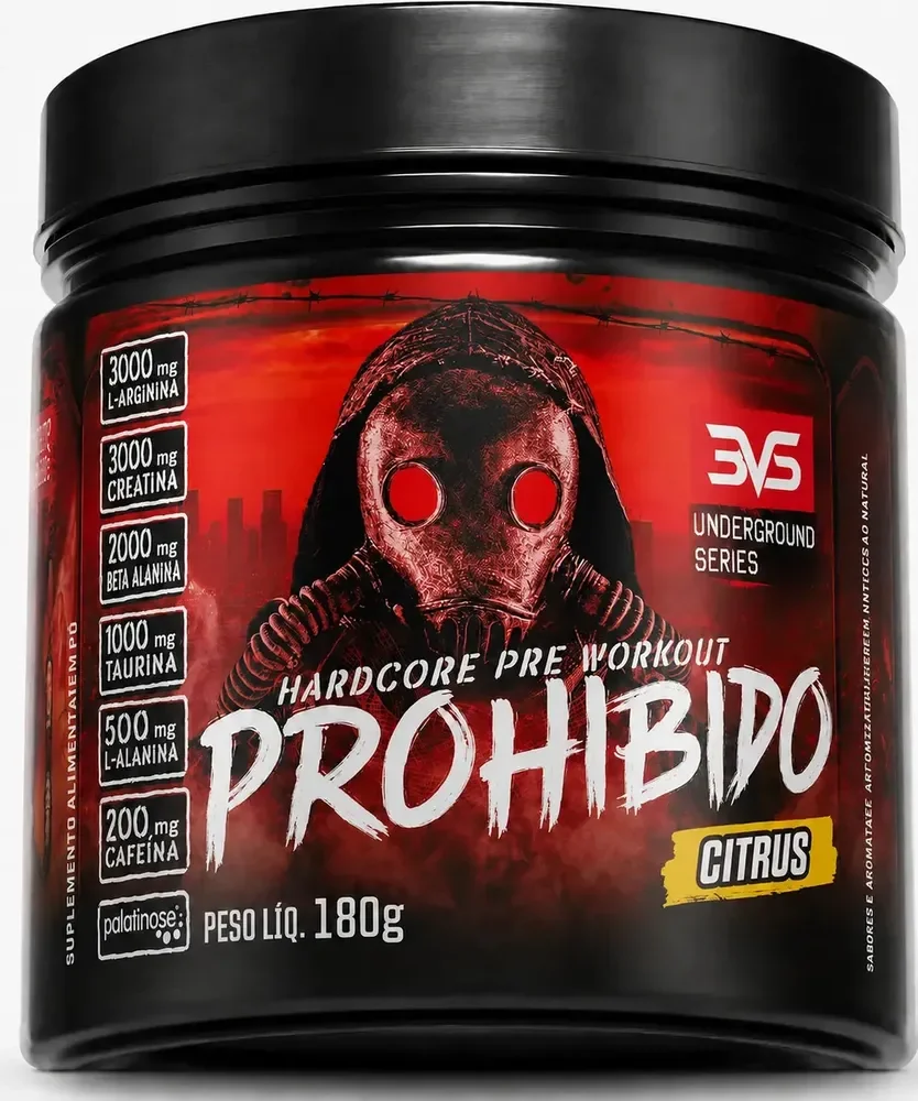 PRÉ TREINO PROHIBIDO 180g Sabor Citrus - Fórmula Avançada contendo Creatina, Beta Alanina, Taurina, L-tirosina, L-alanina, Cafeína, Arginina e Palatinose - Extra Forte