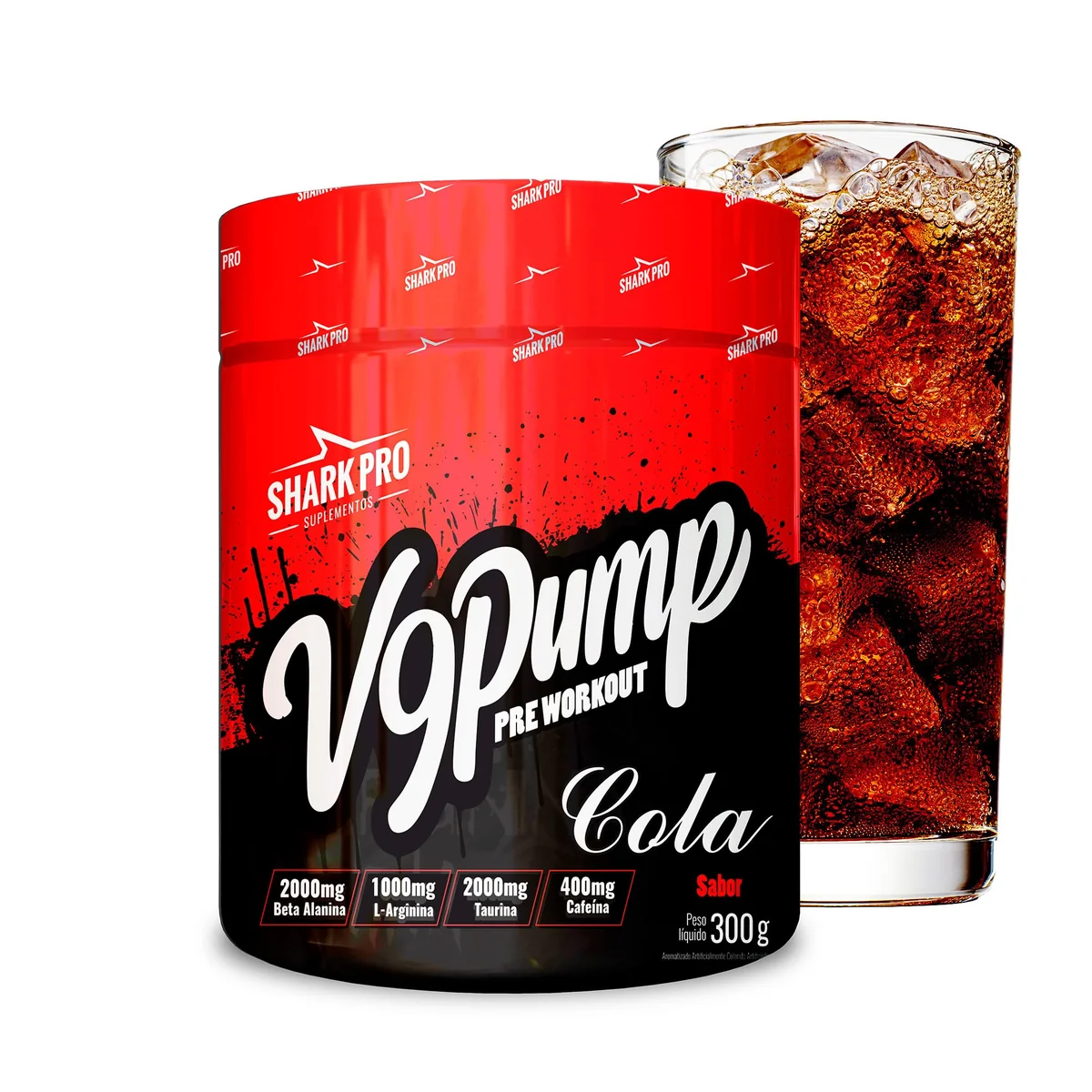 Shark Pro V9 Pump Pré-Treino Sabor Cola - 400mg de Cafeína - Suplemento Alimentar de Beta Alanina, Arginina, Taurina e Cafeína - 300g