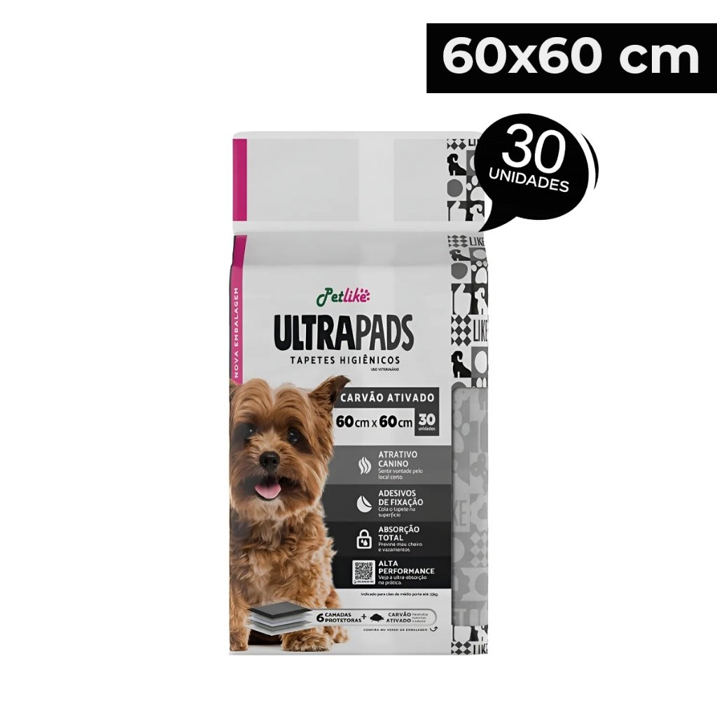 Tapete Higiênico Para Cães Ultra Pads 60x60cm 30 un Carvão Cães e Gatos Petlike Original