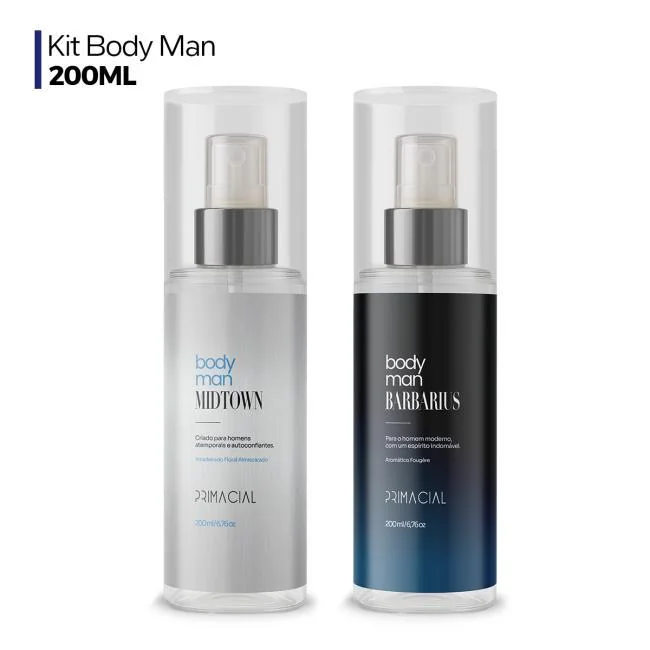 KIT COM 2 BODY SPLASH MASCULINO BARBARIUS E MIDTOWN 200ML - PRIMACIAL PERFUME FRESCO AMADEIRADO