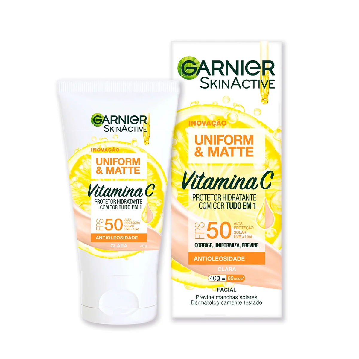 Garnier Skinactive Uniform & Matte Protetor Solar Hidratante Facial com Vitamina C, Efeito Matte Antioleosidade, Reduz e Previne Manchas, Tecnologia Camaleão, Cor Clara, 40g