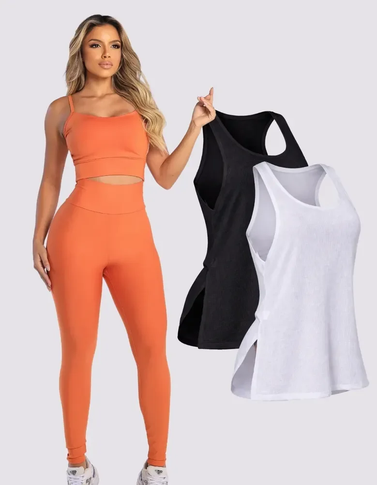 Kit Conjunto Fitnes Feminino Legging + Top + Regata Academia Laranja M