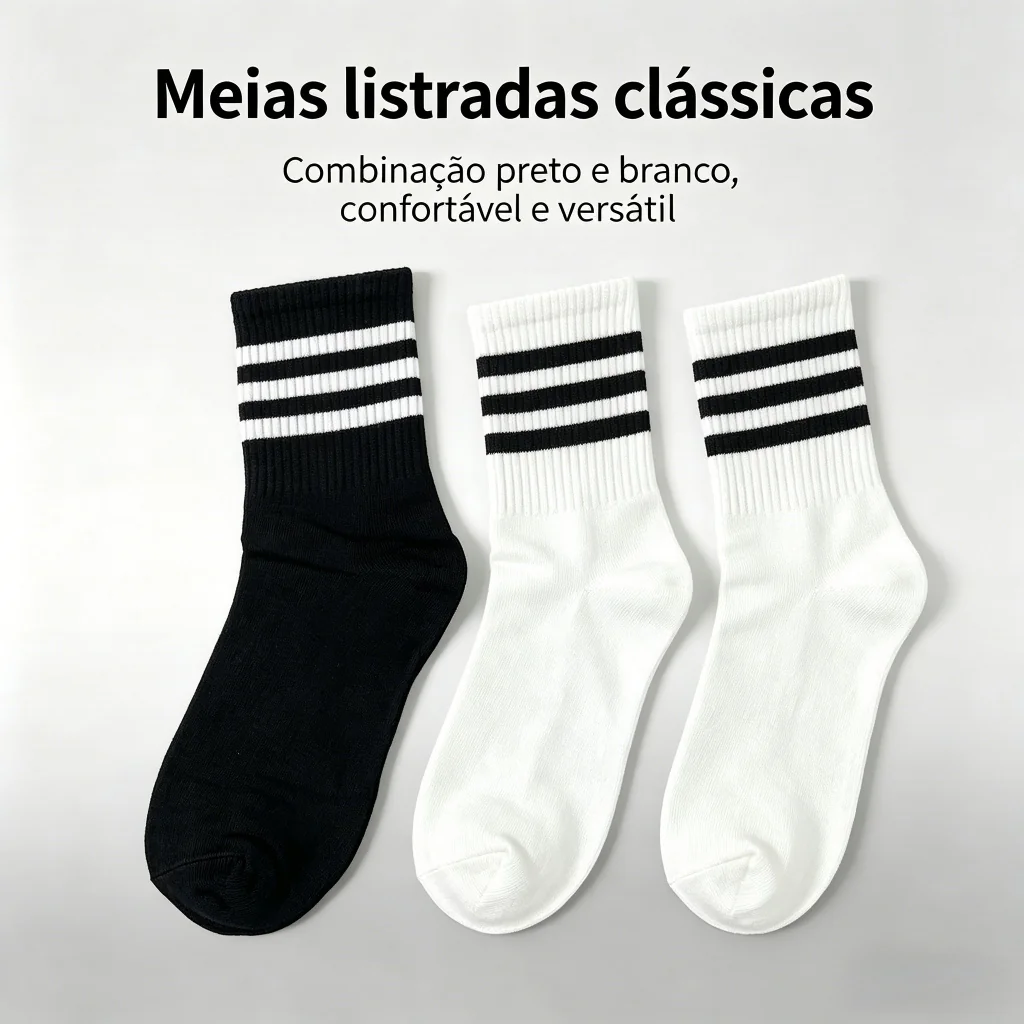 Kit 5/10 Pares Meias Listradas 3 Listras Cano Médio Masculina Unissex Algodão