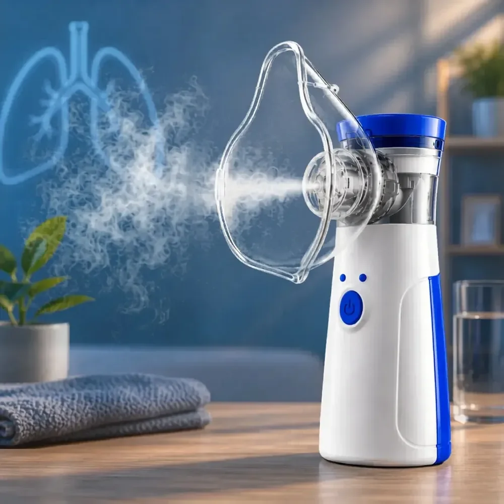 Nebulizador Inalador Bahrein Portátil Mesh Ultrassônico Silencioso, Para Inalação Com Usb E Pilha Azul 127/220v