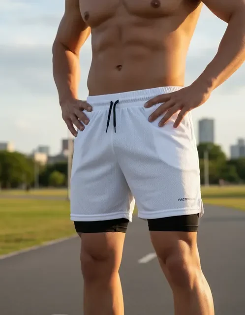 Short 2em1 Duplo Masc Academia Corrida Bolso Oculto Celular