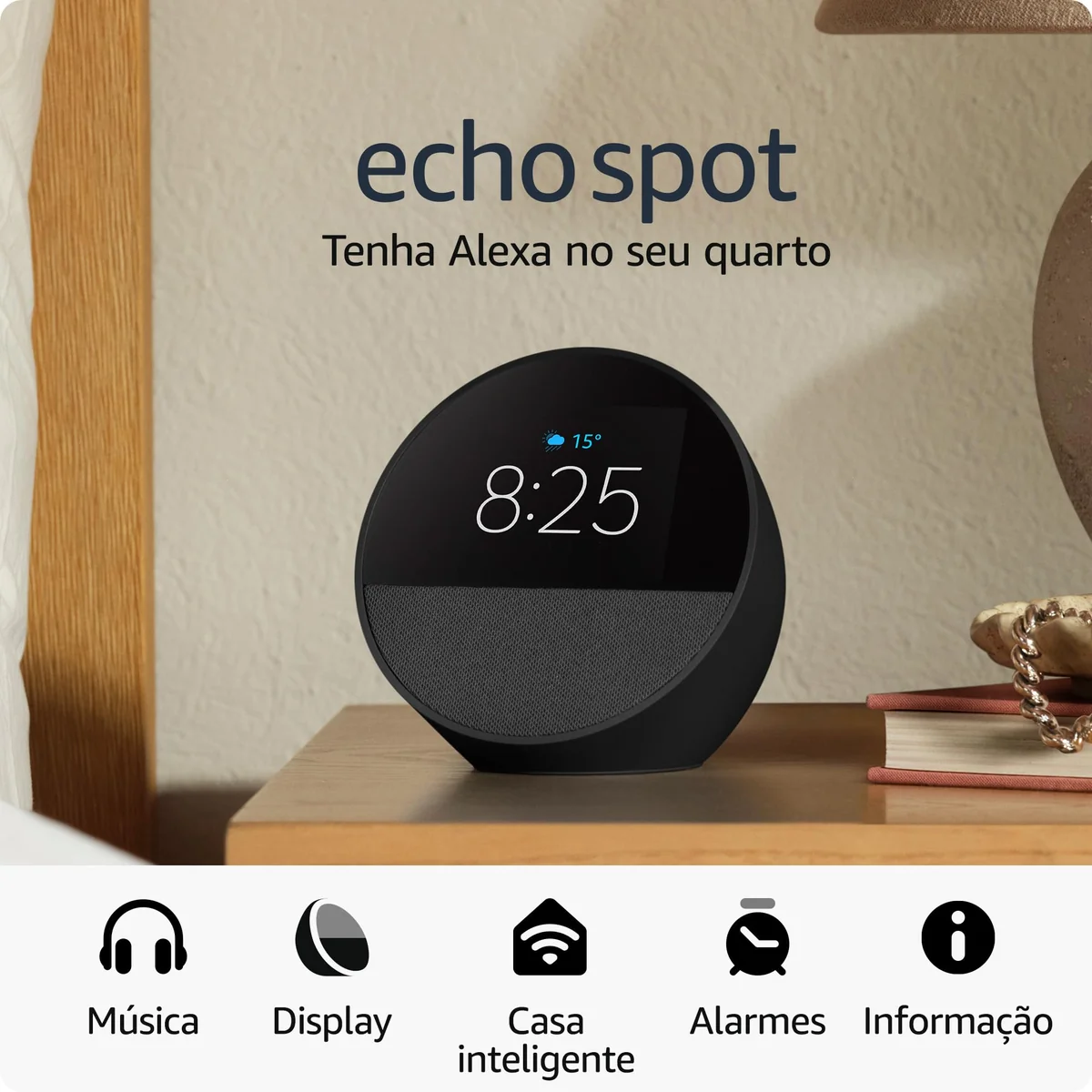 Echo Spot com Alexa (Geração mais recente) | Despertador inteligente com som vibrante | Cor Preta