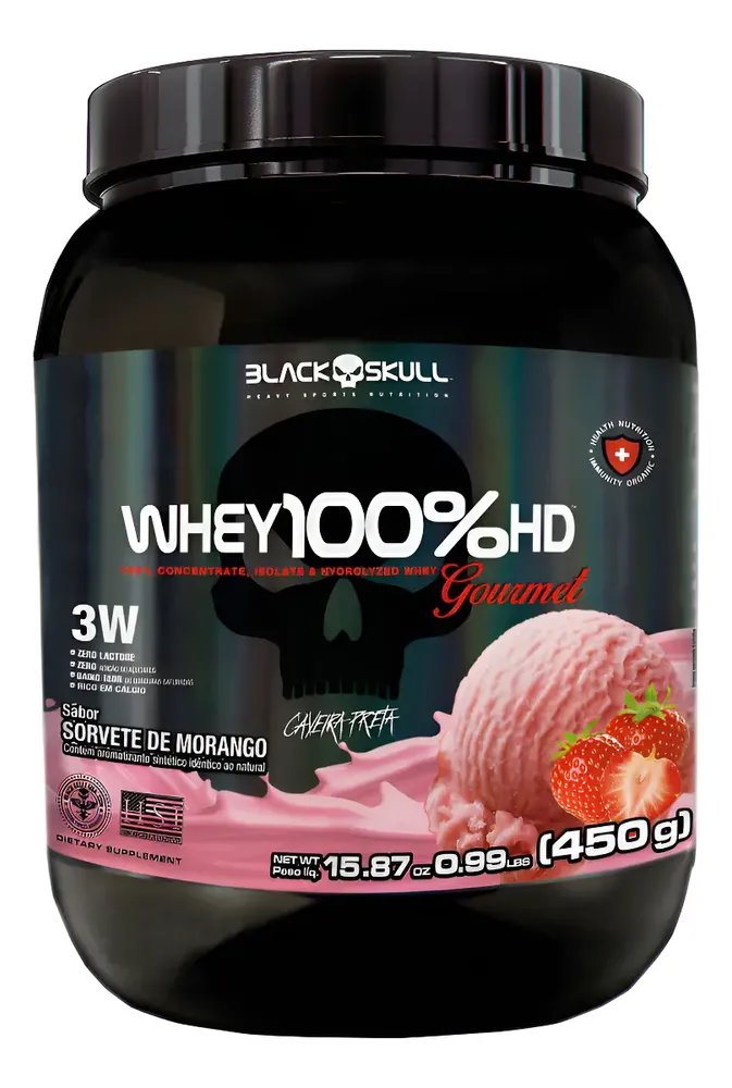 Whey 100%hd Gourmet 450g Black Skull Sabor Morango Morango