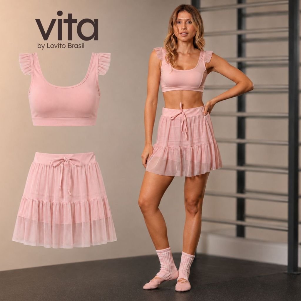 Lovito Vita Kit Top e Shorts Saia Esportivo Balletcore com Tule SBB20022032