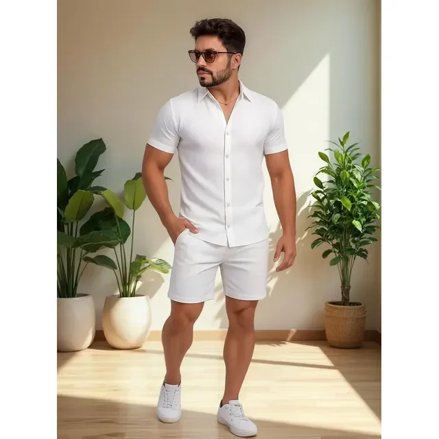 Conjunto Masculino Camisa Estampada +  Shorts Moda Praia