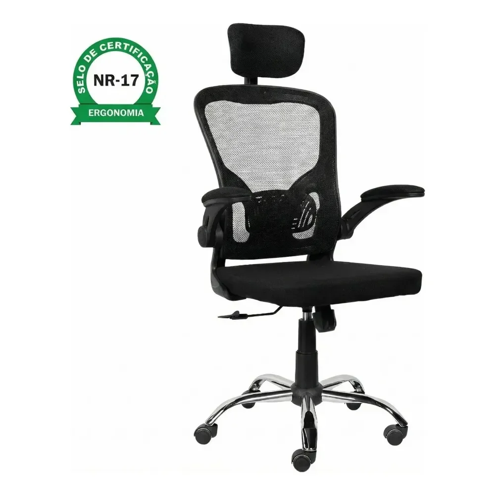 Cadeira Escritório Ergonômica Ajuste Lombar Laudo Nr-17 Giratória Office Estofado Tecido/mesh Marca Brin7 Modelo B7-001-pt Preto Malha