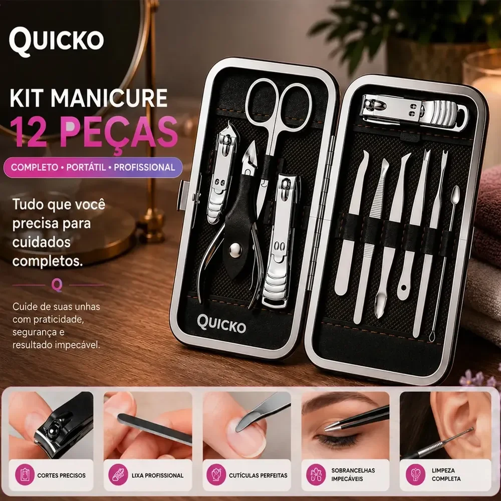 Kit Manicure Portátil Estojo Alicate Cortador De Unha 12 Pç - Desencravador De Unha Alicate Lixa Profissional Premium Tesoura Empurrador De Cutículas Marca Quicko