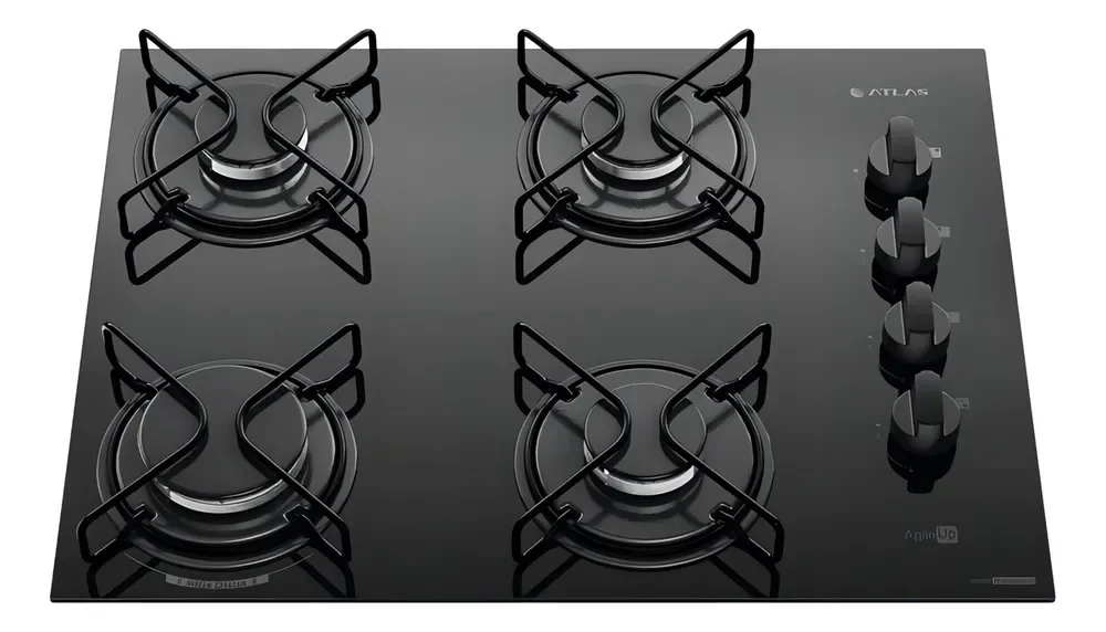 Cooktop 4 Bocas Atlas Agile Up Mesa Vidro Mega Chama Bivolt Preto