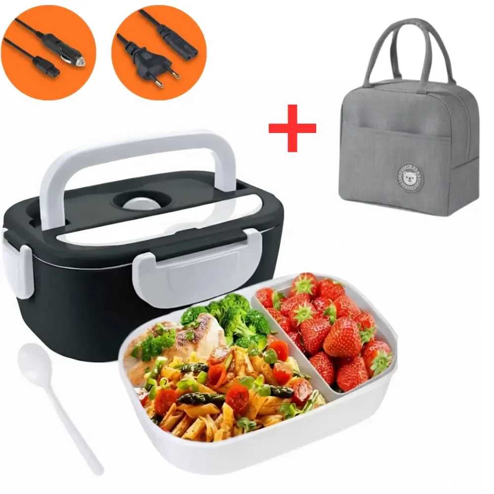 Marmita Elétrica Térmica Preta Bivolt 110v/220v E Veicular 12v/24v + Bolsa Térmica Lancheira Doméstica Trabalho 1.5l Carro/casa Portátil Aquecedor De Alimentos Uber Carro Caminhão Preto 127/220v