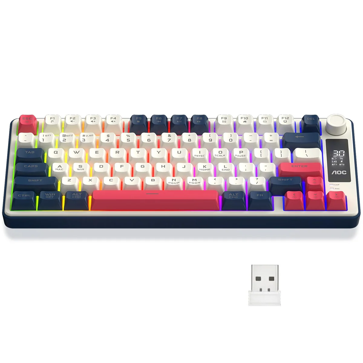 AOC GK280 Teclado sem fio 70%, Bluetooth Trimodo /2.4 GHz/USB-C, Teclado Gamer RGB LED Rainbow, Ideal para Jogos e Digitação, Ergonômico, Bateria Recarregável