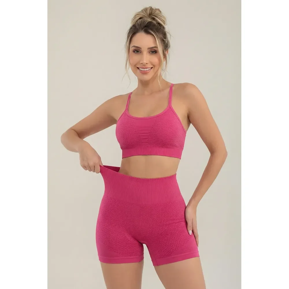 Conjunto Blogueira Fitness Top E Shorts Poliamida Demillus Magenta Microfibra De Poliamida Sem Costura Veste P E M Toque Gelado , Secagem Rápida